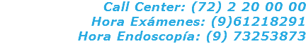 Call Center: (72) 2 20 00 00 Hora Exámenes: (9)61218291 Hora Endoscopía: (9) 73253873